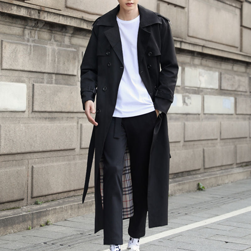 Men's long double-breasted trench coat with belt, flap pockets and checked interior panel