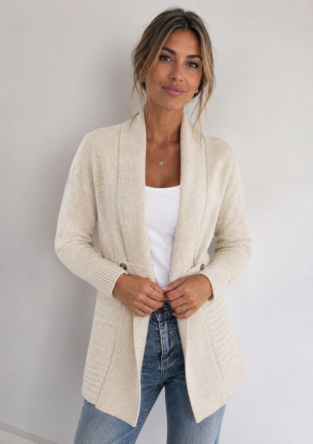Women's textured open-front longline jacket with shawl collar and button details