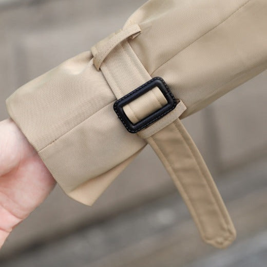 Men's long double-breasted trench coat with belt, flap pockets and checked interior panel