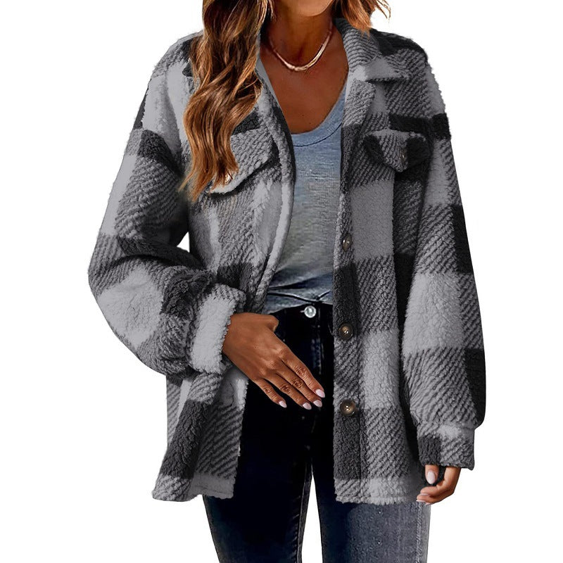 Women's checked textured shirt jacket with long sleeves, button front and chest pockets