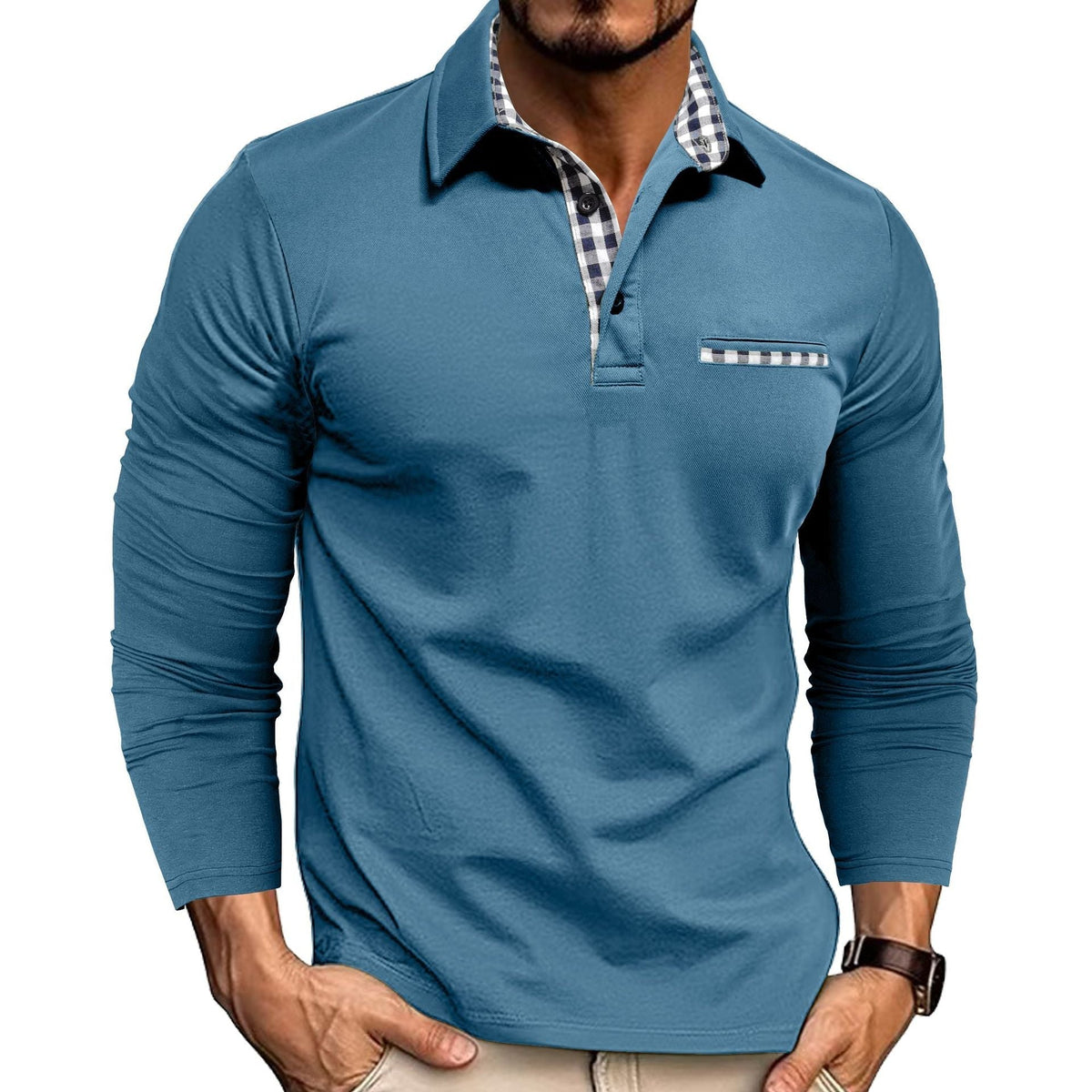 Men's long sleeve polo shirt with checked collar and chest detail