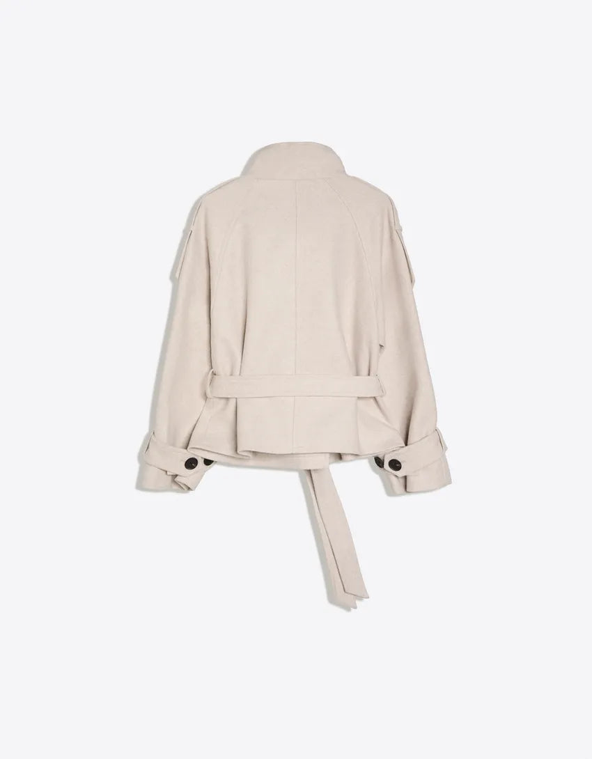 Women's belted double-breasted trench coat with long sleeves and high collar
