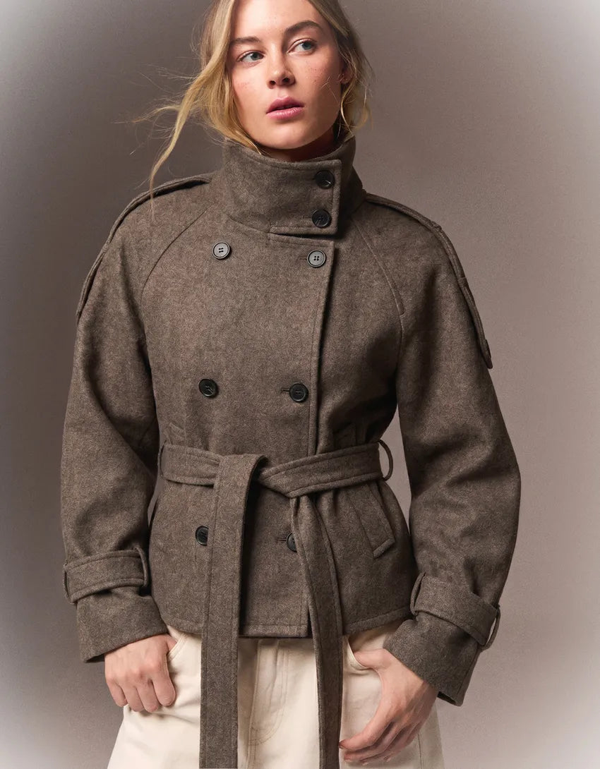 Women's belted double-breasted trench coat with long sleeves and high collar