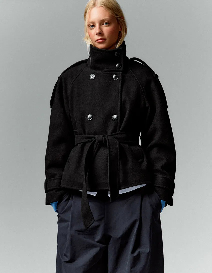 Women's belted double-breasted trench coat with long sleeves and high collar