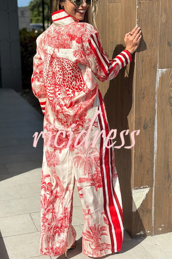 Women's red jungle print shirt and wide leg trousers set with striped detailing