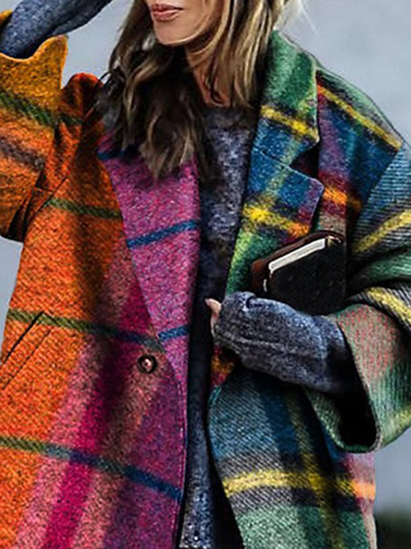 Women's multicolour checked plaid long coat with lapel collar and three-quarter sleeves
