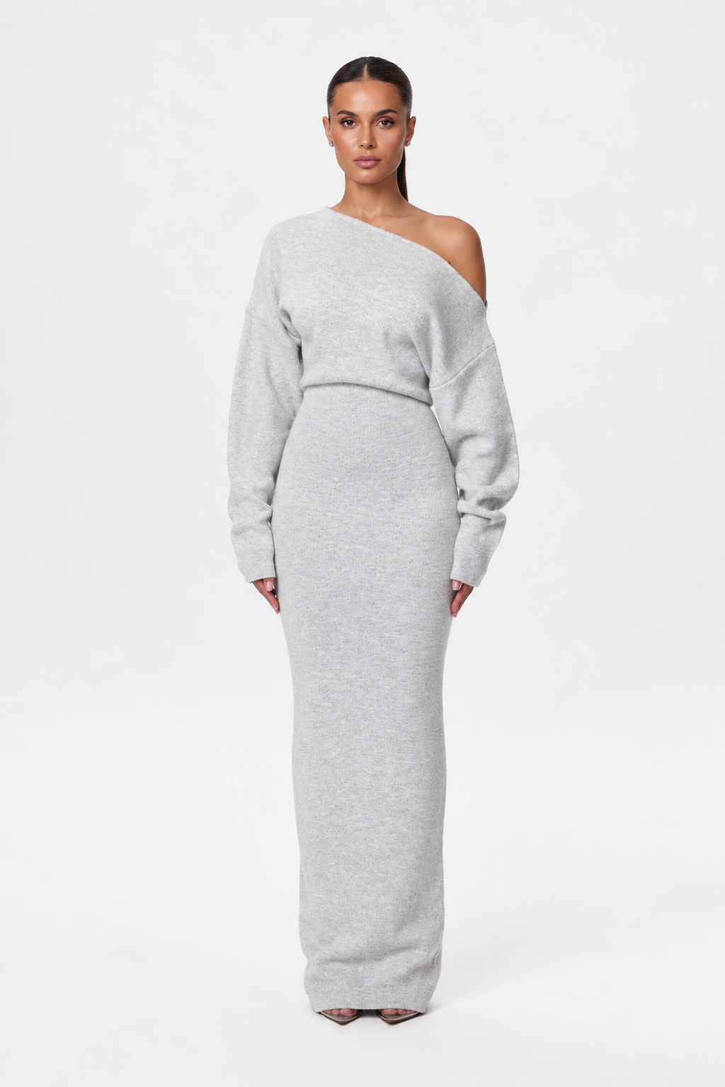 Women's asymmetric off-shoulder knit maxi dress with long sleeves