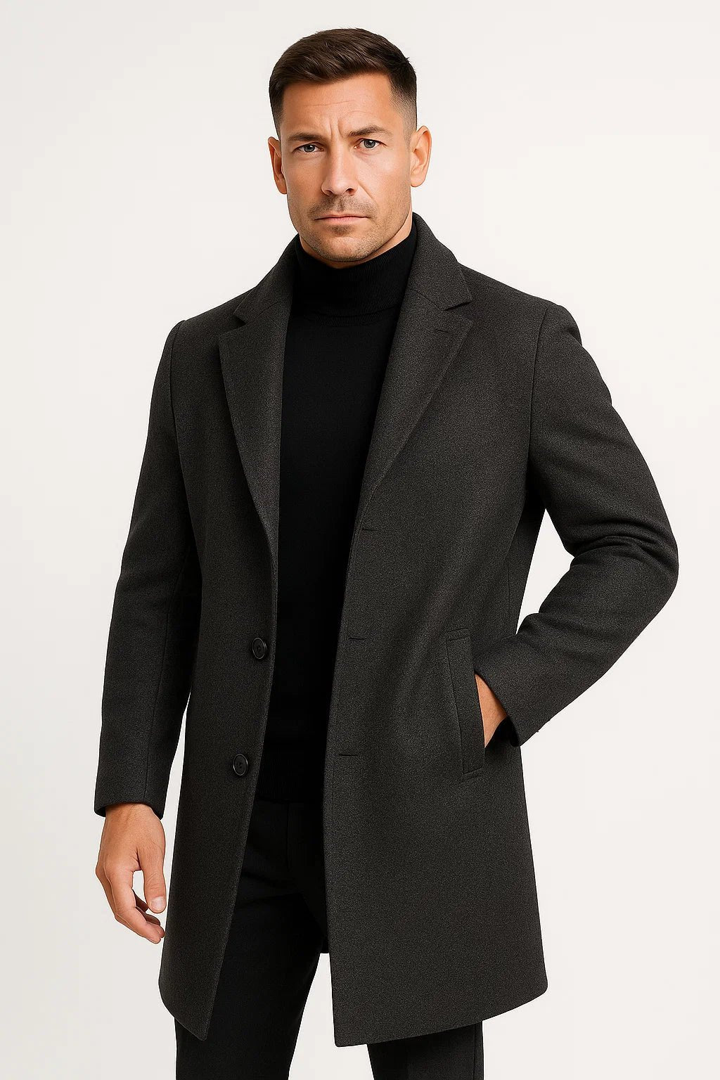 Men's longline trench coat with notched lapels and button front