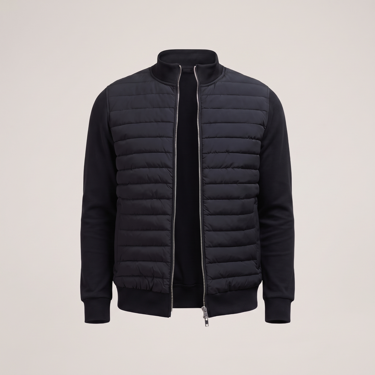 Men's quilted hybrid jacket with stand collar, long sleeves and front pockets