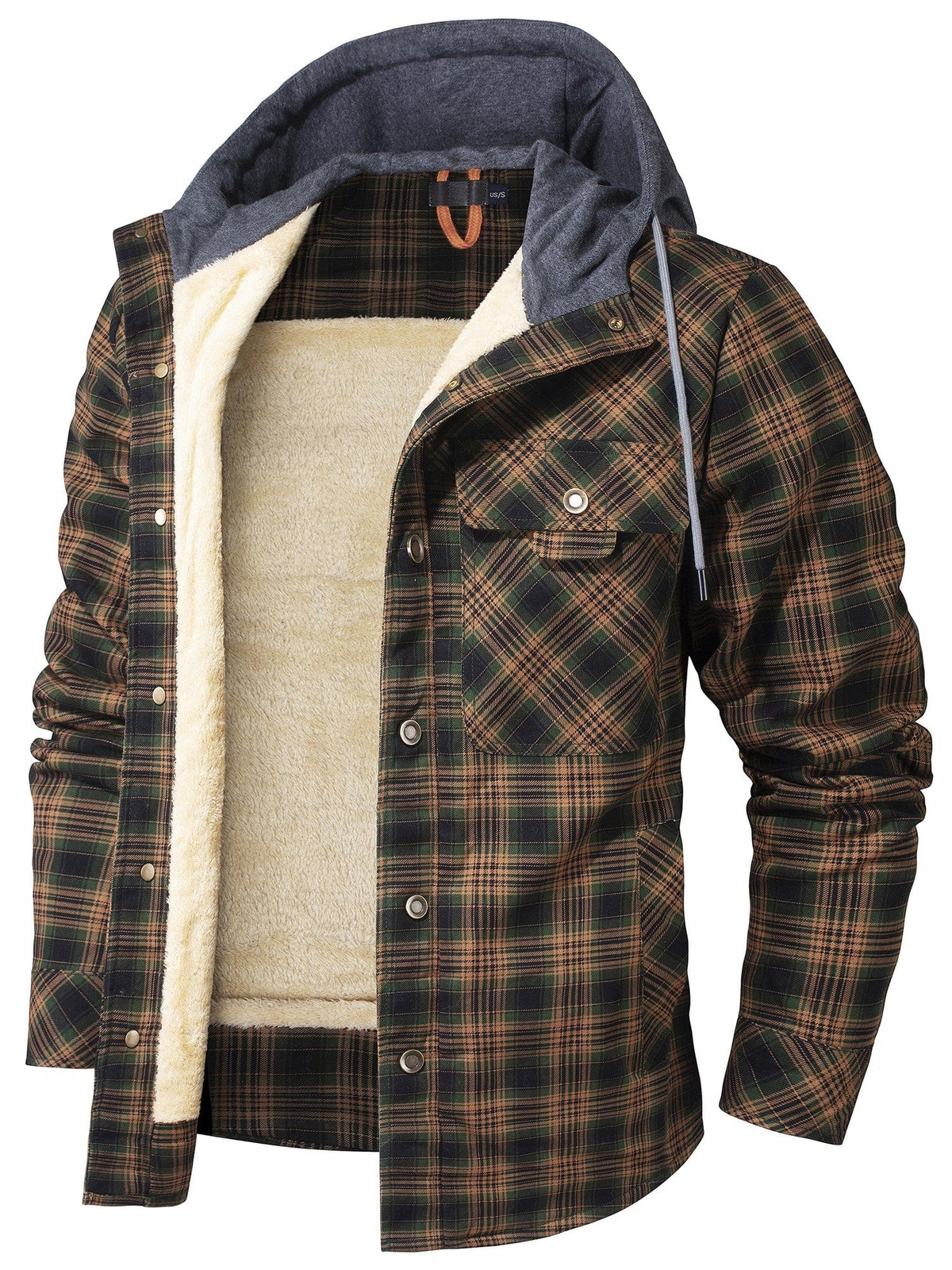 Men's checked hooded jacket with button front, chest pockets and contrasting lining