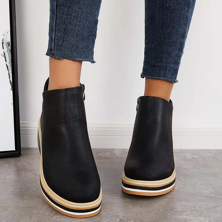 Women's ankle boots with side zip, rounded toe and high wedge platform