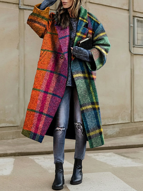 Women's multicolour checked plaid long coat with lapel collar and three-quarter sleeves