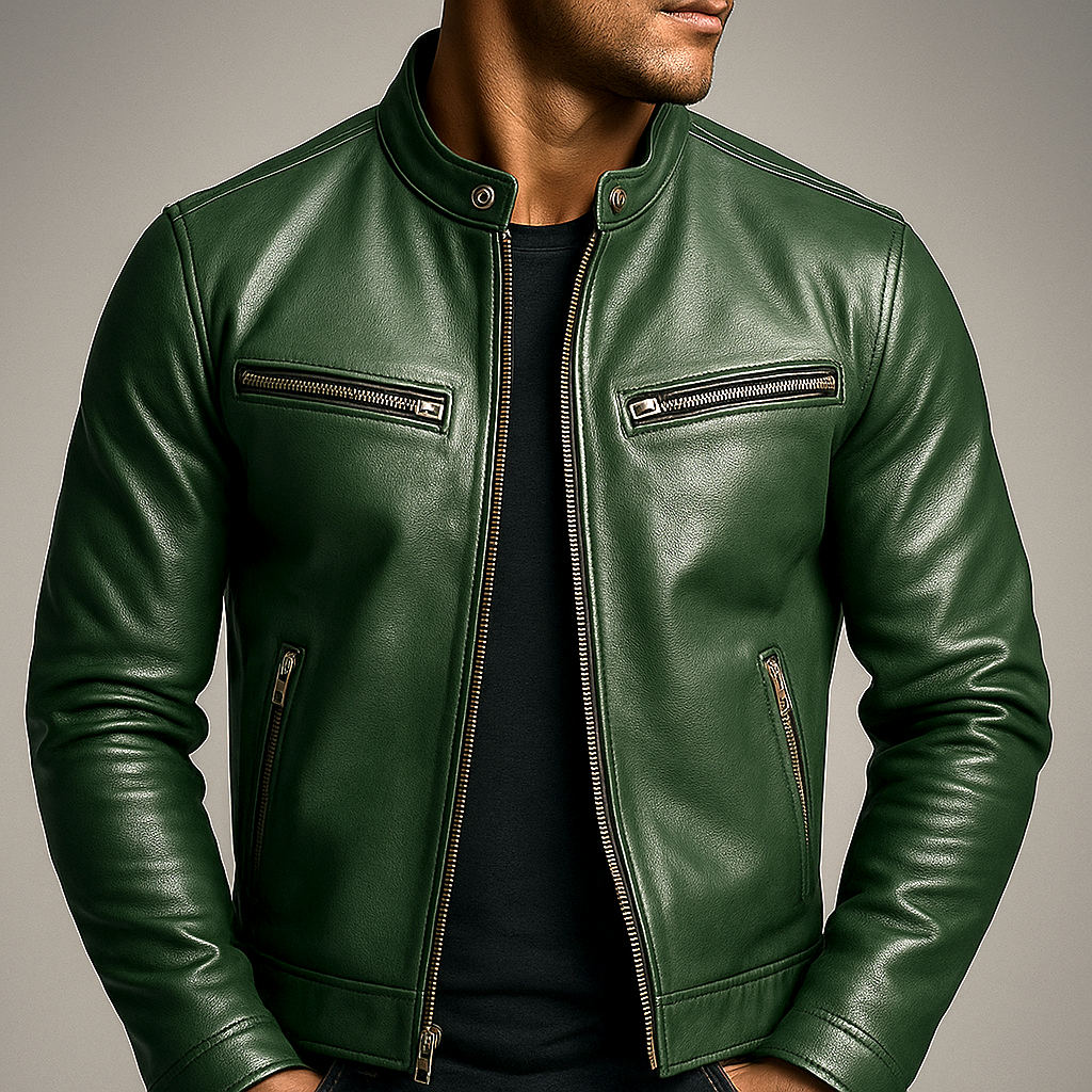 Men's Leather Jacket Slim Fit Band Collar - Green