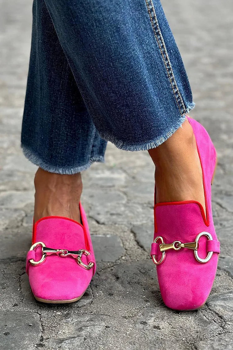 Women's bright loafers with square toes and metallic bit detail
