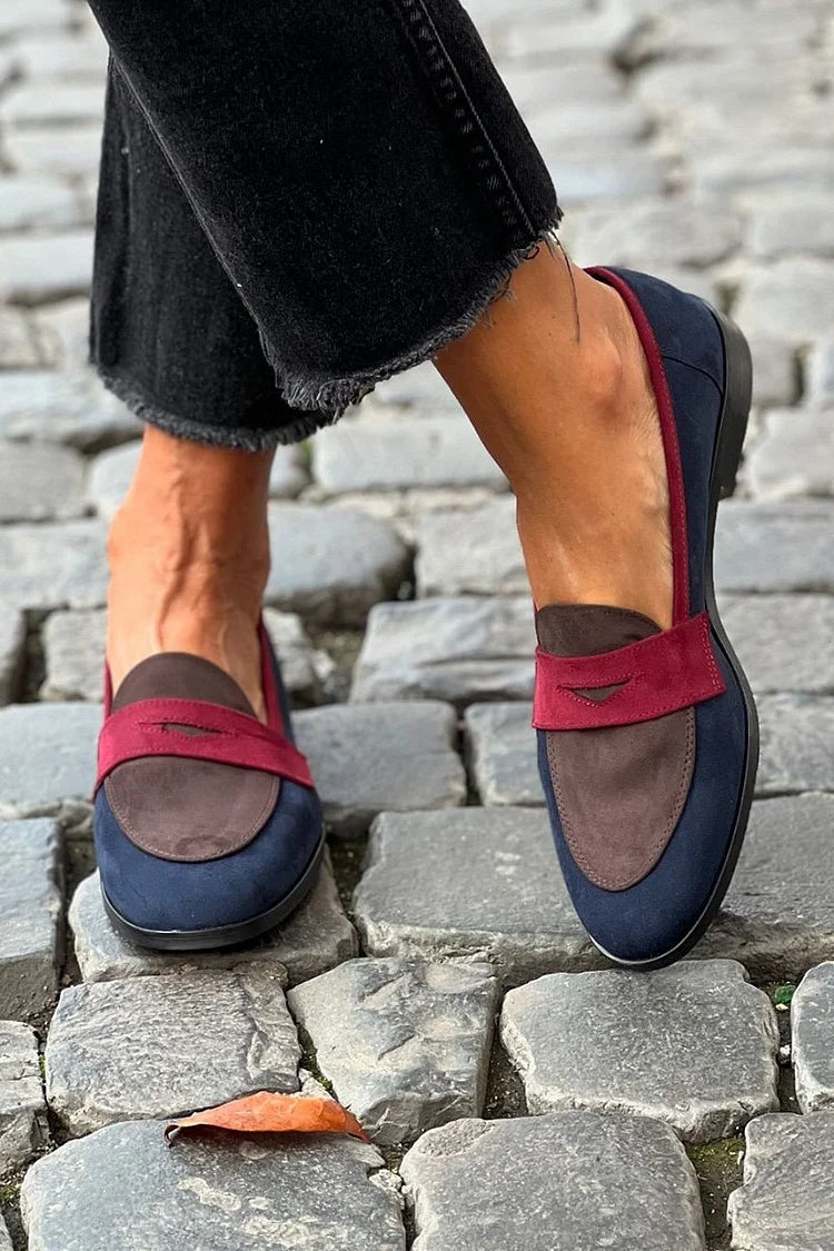 Women's blue round-toe loafers with low heel and contrasting vamp panels