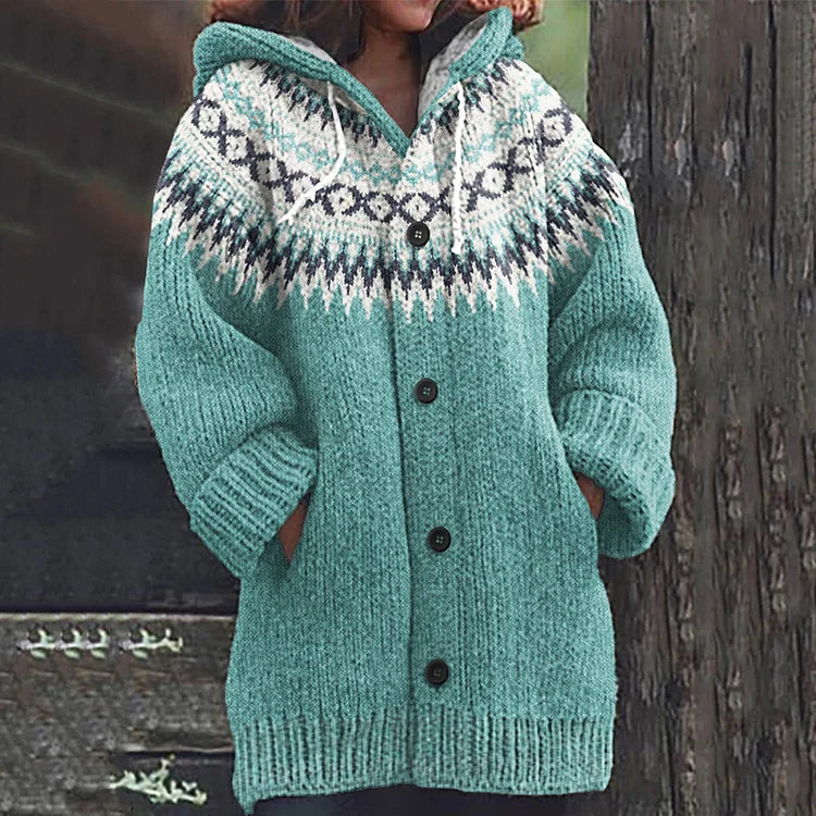 Women's multicolour hooded Nordic pattern knit cardigan with buttons and pockets