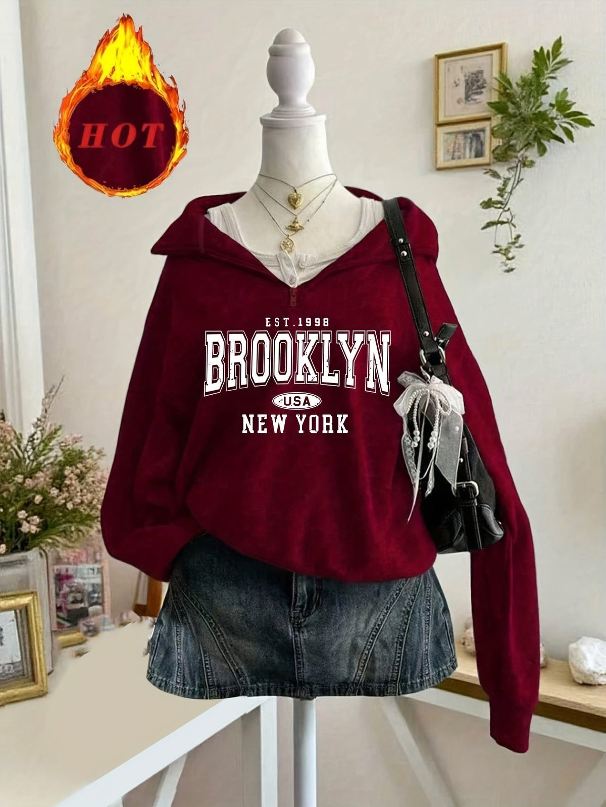 Women's hooded zip hoodie with Brooklyn USA New York front print