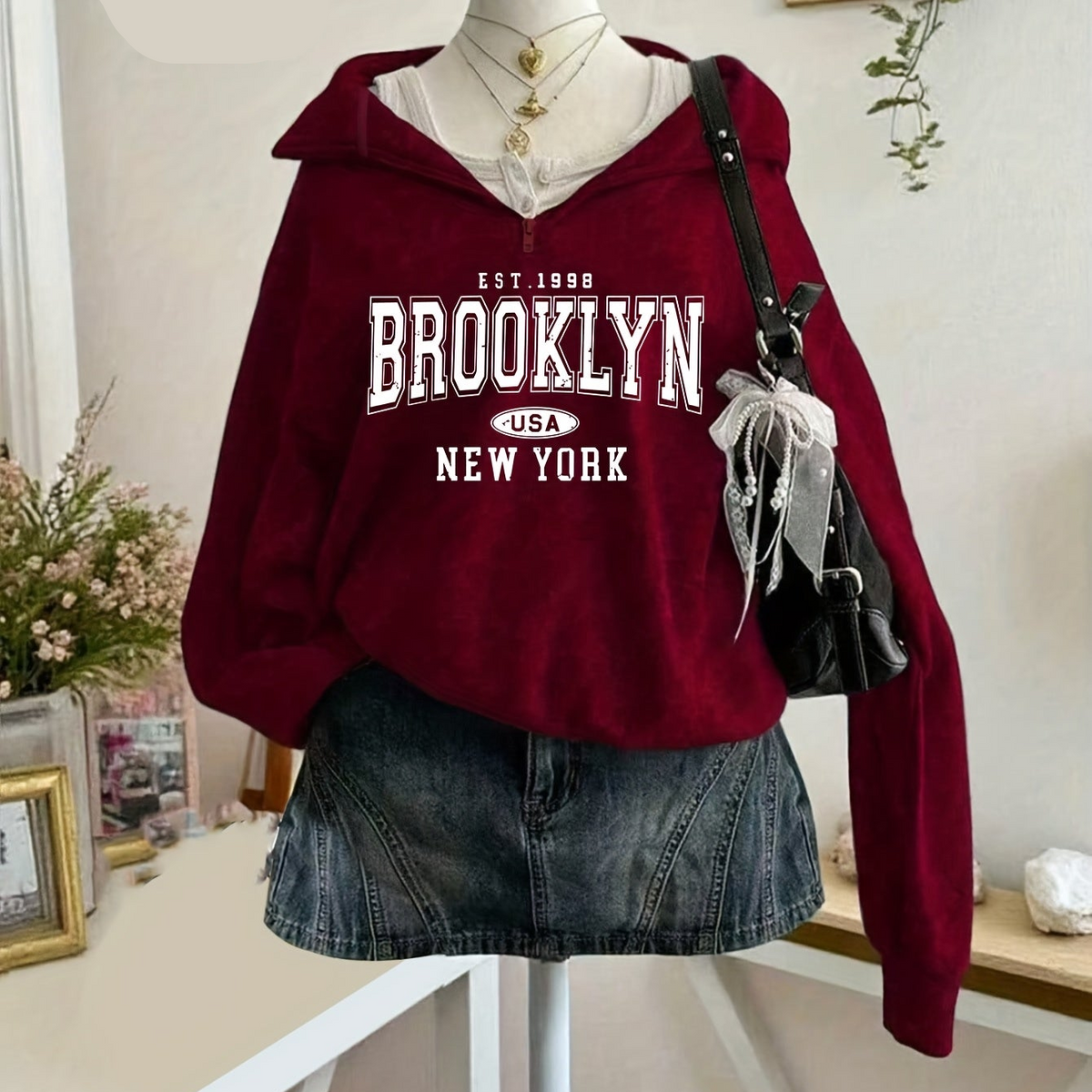 Women's hooded zip hoodie with Brooklyn USA New York front print