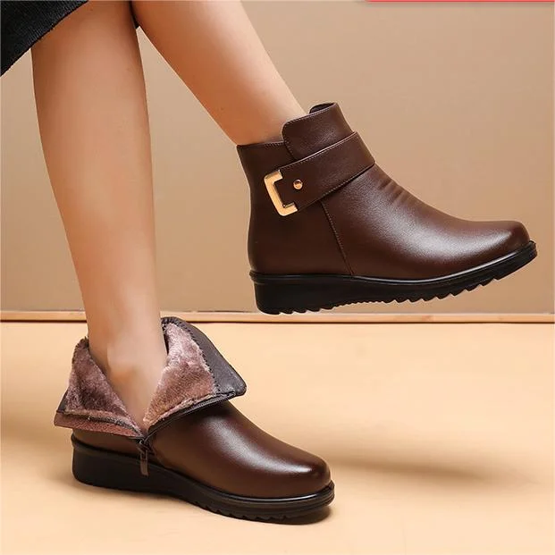 Women's ankle boots with plush collars, buckle straps and textured soles