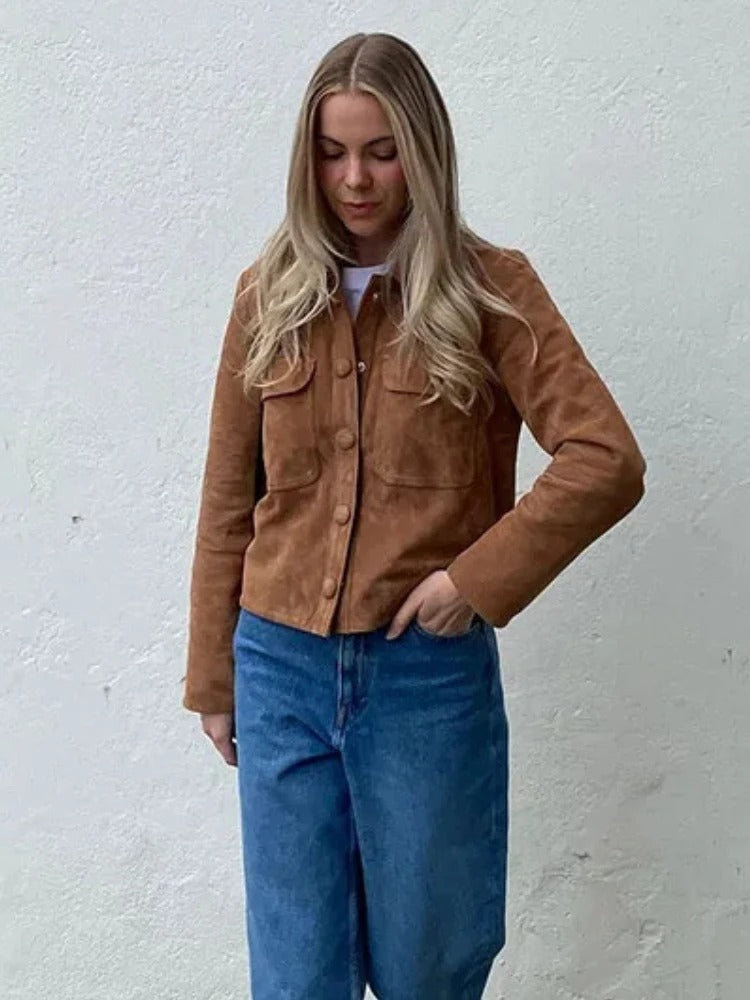 Women's Suede Jacket Cropped Button-Front Chest Pockets