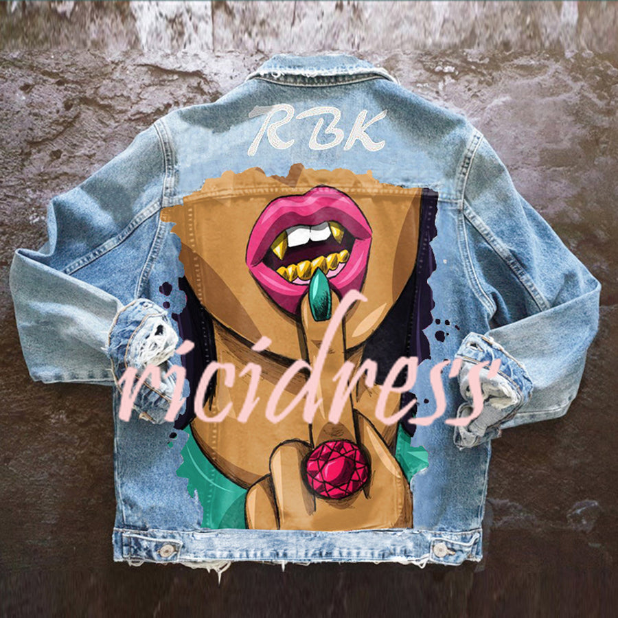 Unisex graphic denim jacket with illustrated back artwork and long sleeves