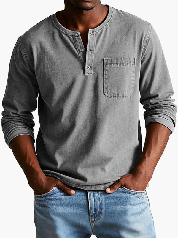 Men's long sleeve Henley shirt with Mandarin collar and chest pocket