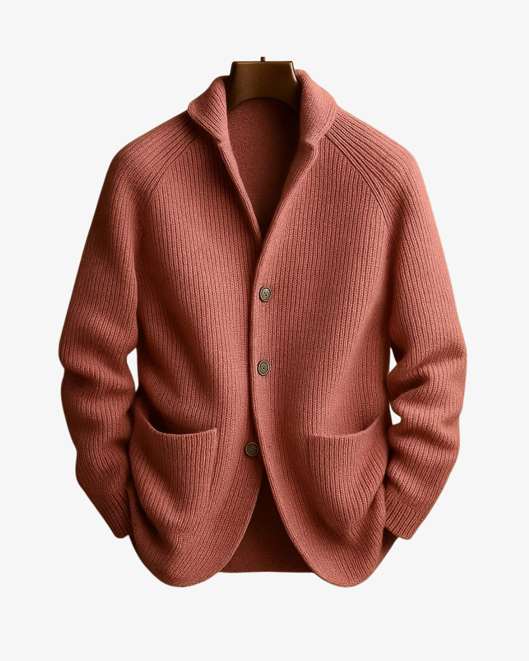 Men's ribbed knit cardigan with shawl collar, button front and two patch pockets