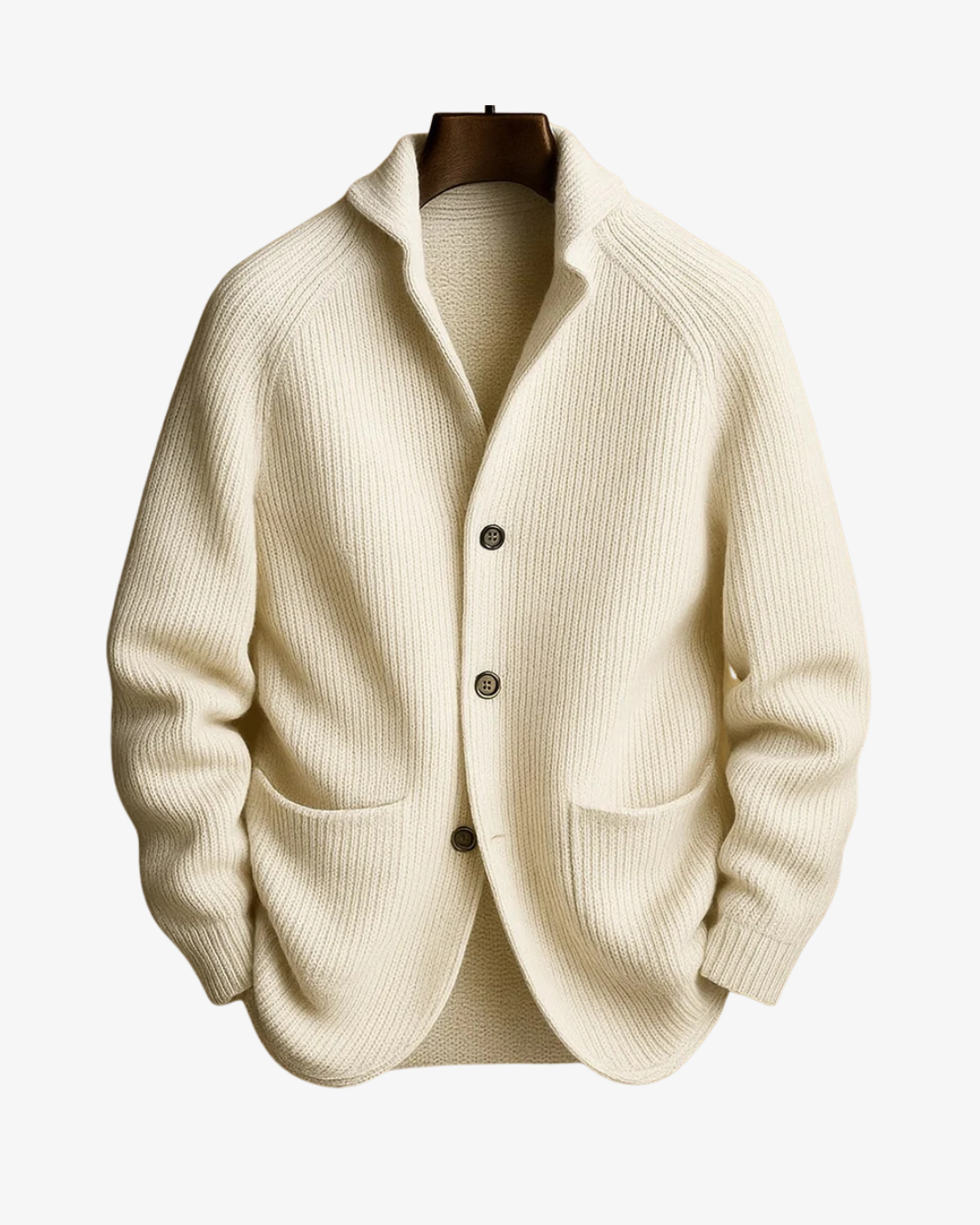 Men's ribbed knit cardigan with shawl collar, button front and two patch pockets