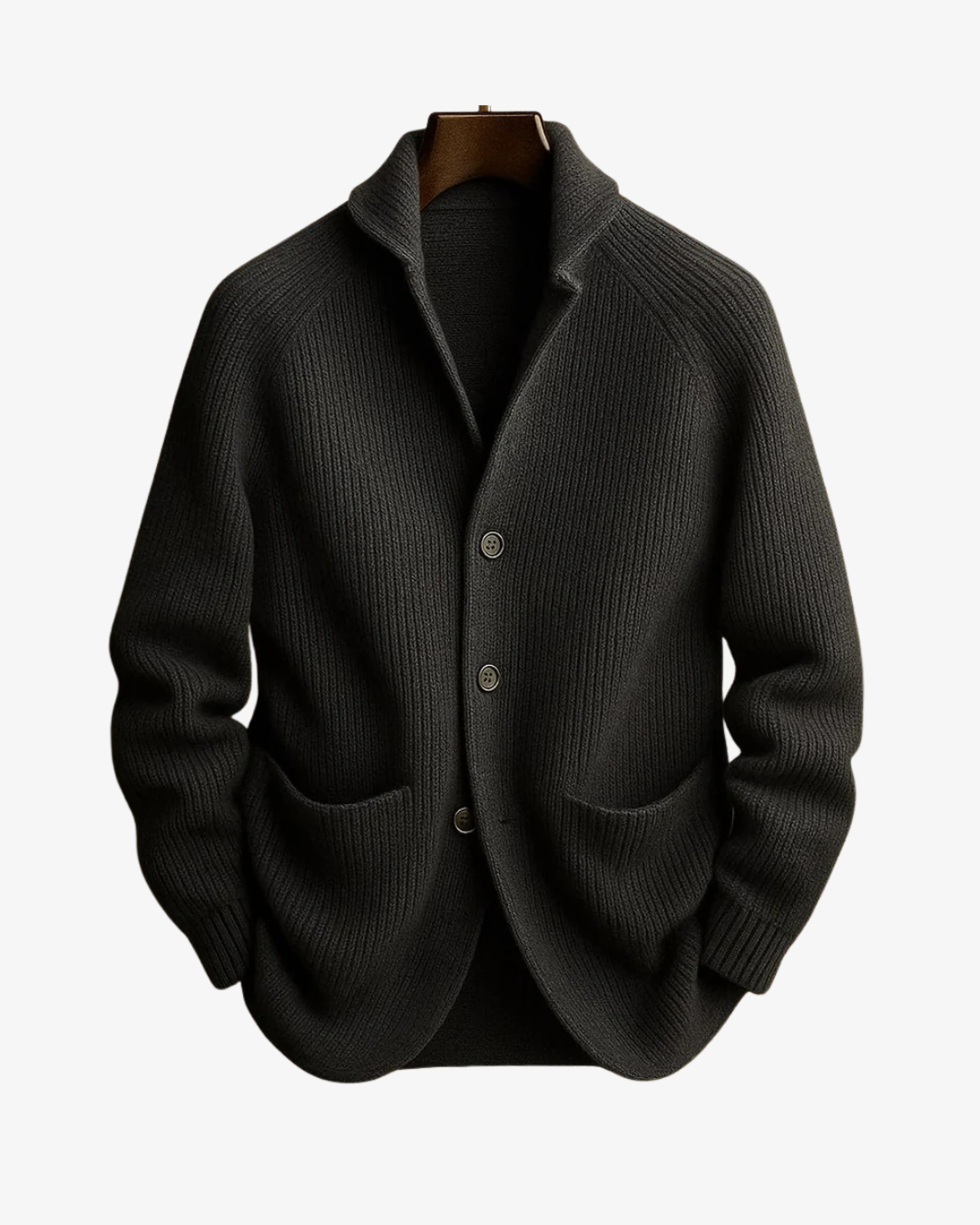 Men's ribbed knit cardigan with shawl collar, button front and two patch pockets