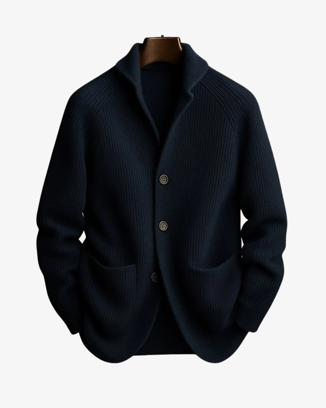 Men's ribbed knit cardigan with shawl collar, button front and two patch pockets