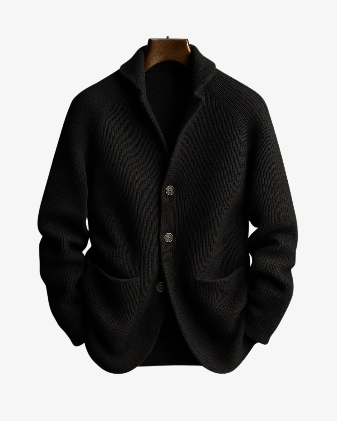 Men's ribbed knit cardigan with shawl collar, button front and two patch pockets