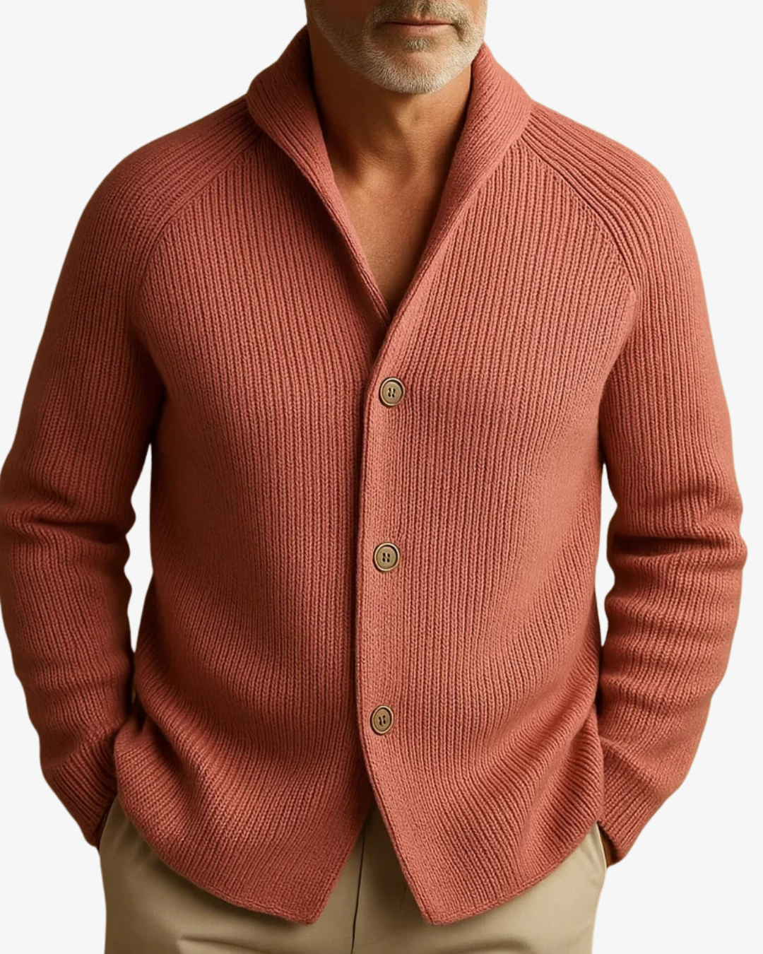 Men's ribbed knit cardigan with shawl collar, button front and two patch pockets