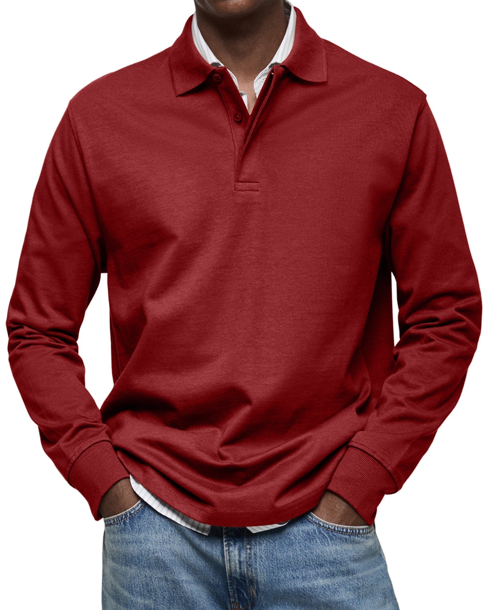 Men's long-sleeve polo jumper with collared neckline and button placket
