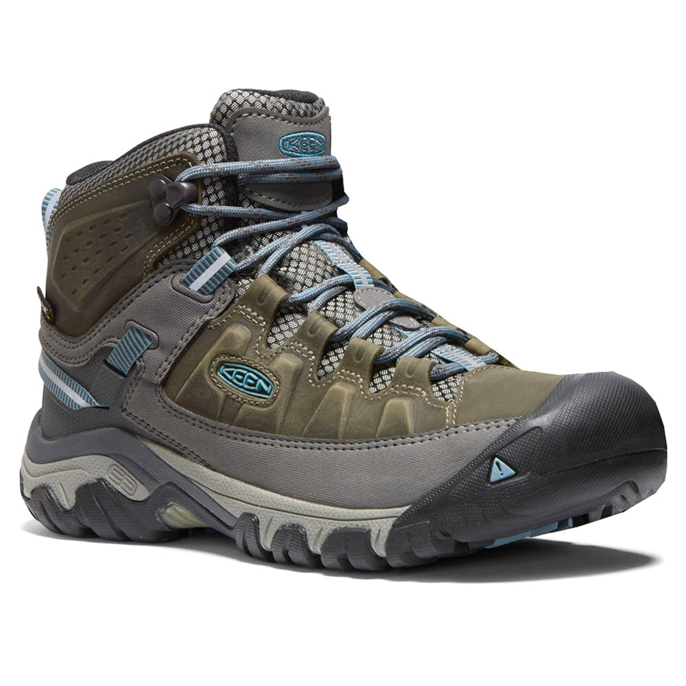 Olive mid-height lace-up hiking boots with dark grey panels and lugged soles