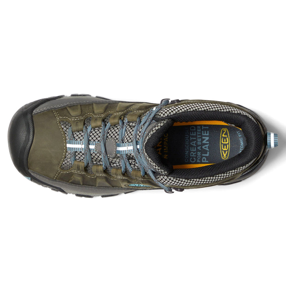 Olive mid-height lace-up hiking boots with dark grey panels and lugged soles