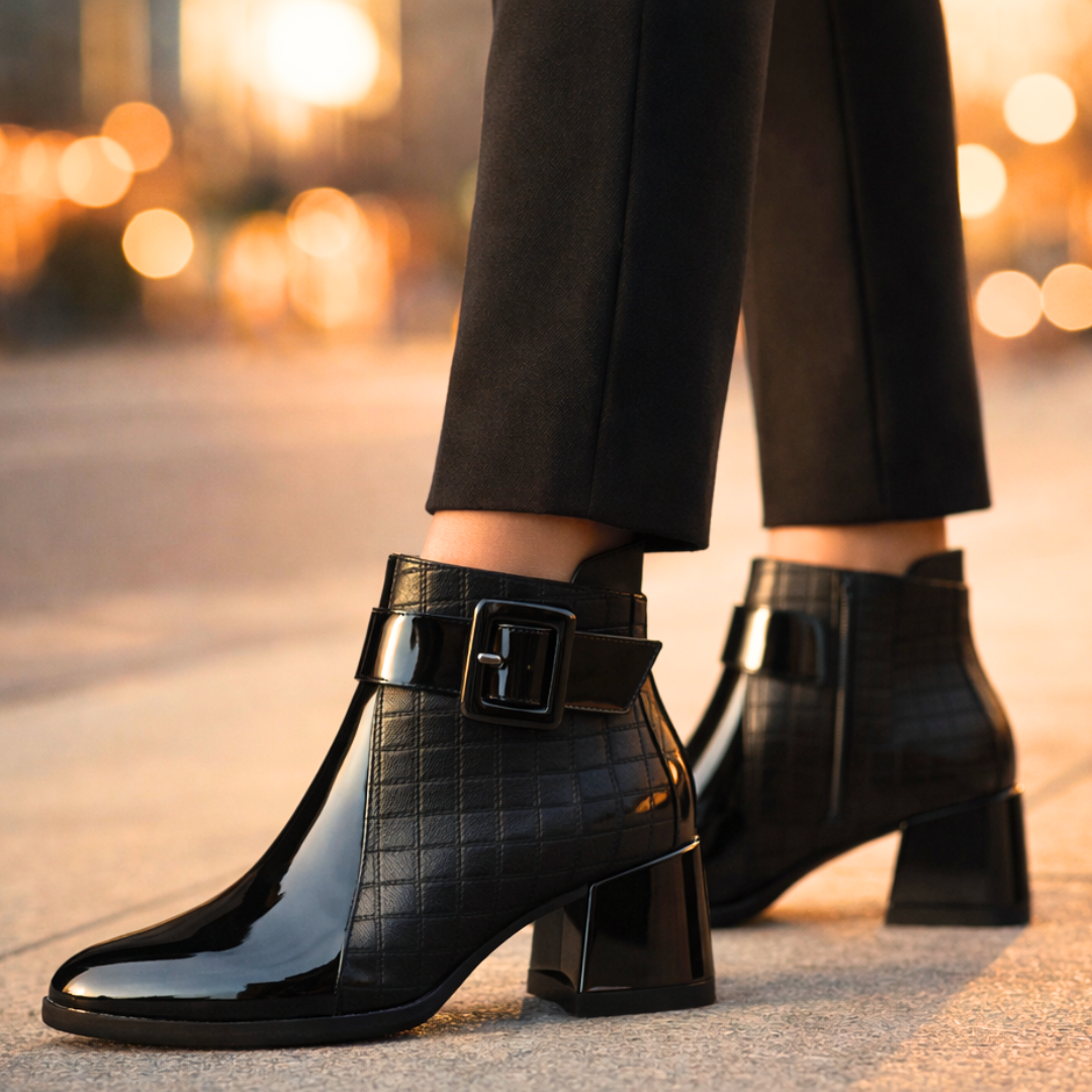 Women's quilted ankle boots with buckle strap, glossy panels and block heel
