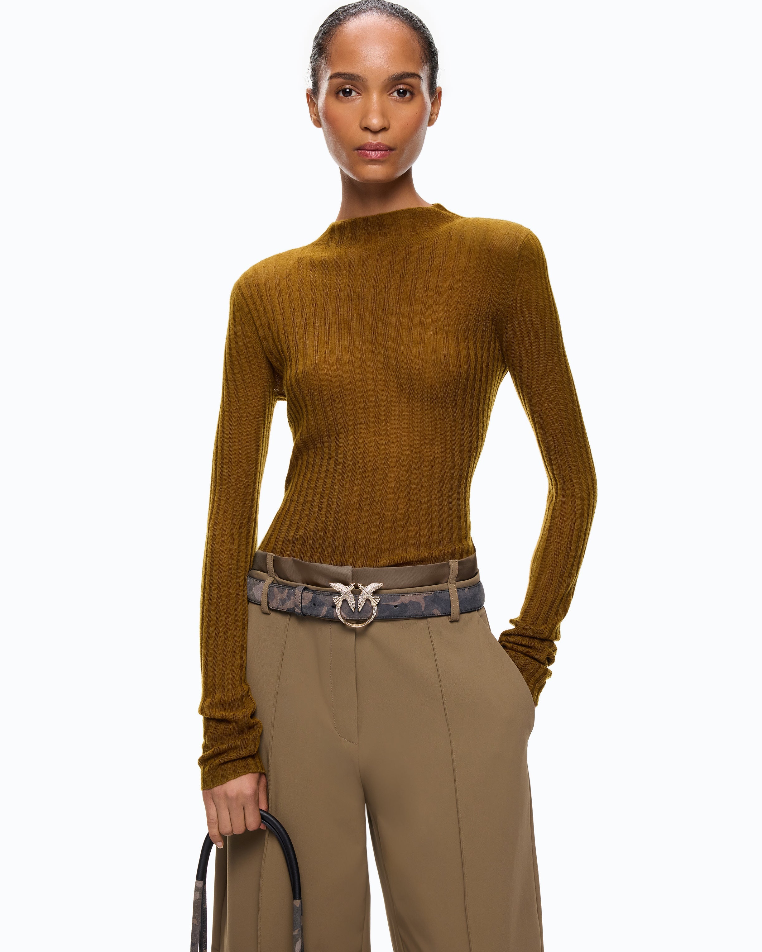 Women's brown ribbed mock neck jumper with long sleeves