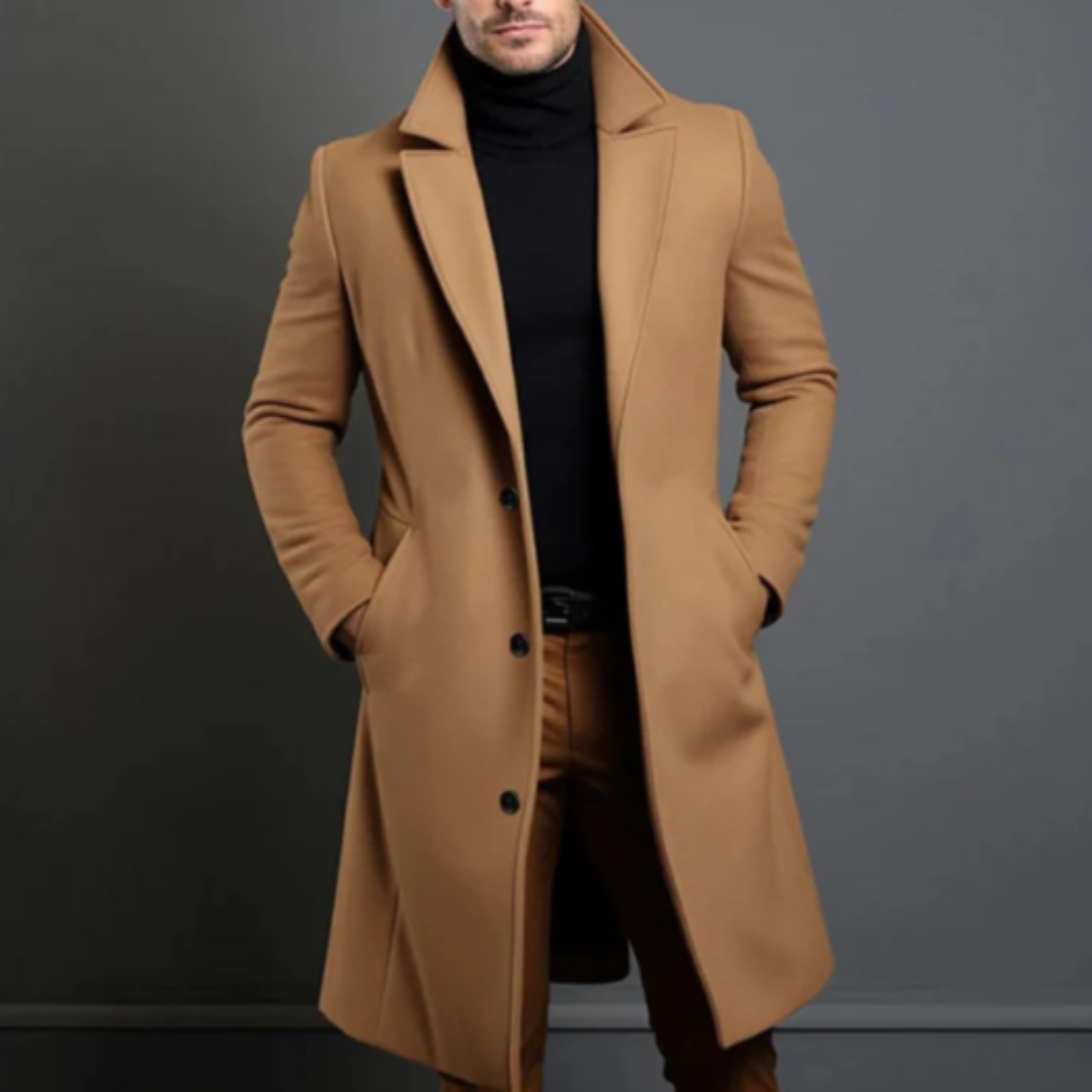 Men's long button overcoat with notched lapels and side pockets