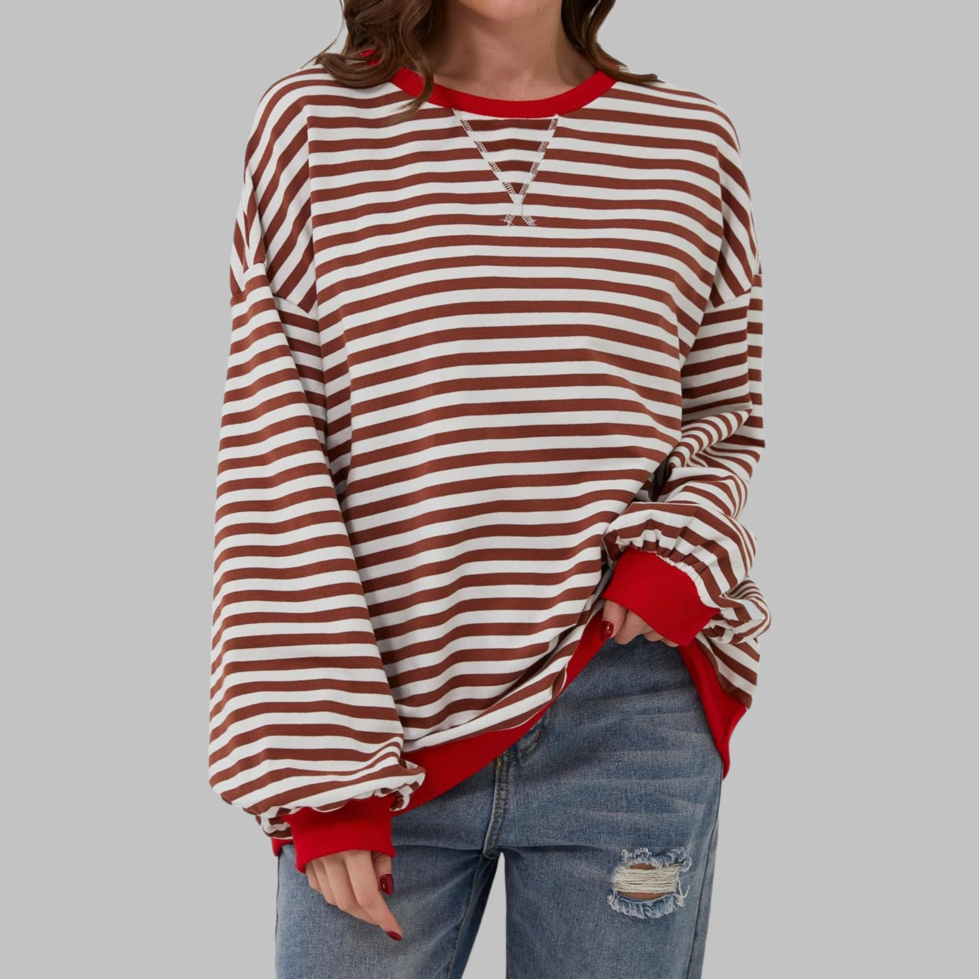 Women's Striped Jumper Long Sleeve Crew Neck - Red