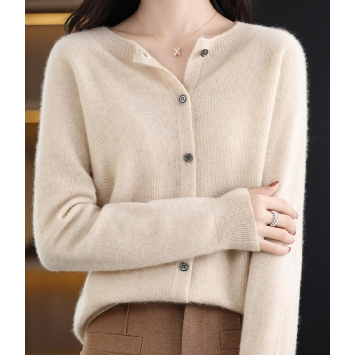 Women's Cardigan Merino Wool V-Neck Long Sleeve - Beige