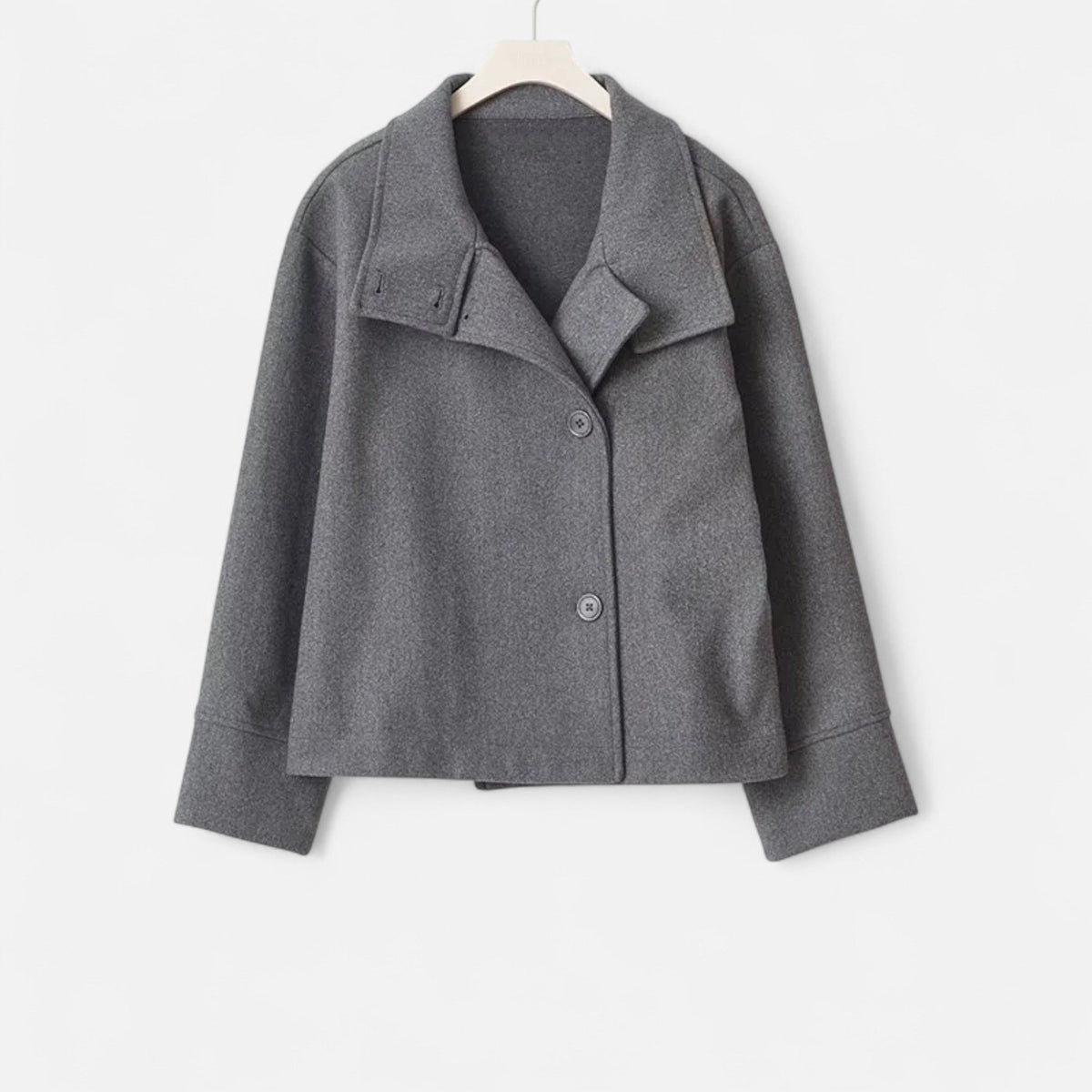Women's short collared coat with long sleeves and button front