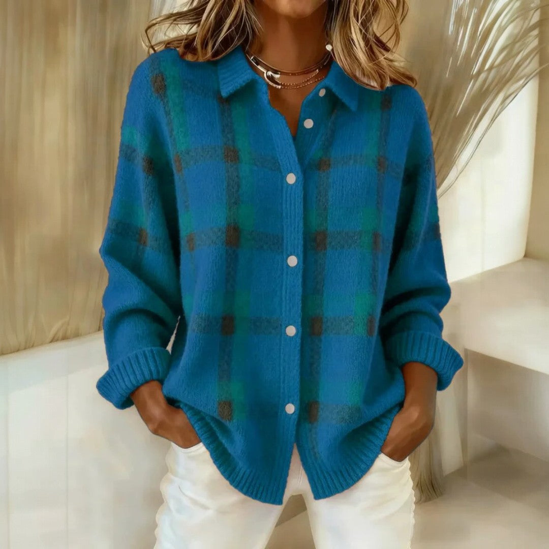 Women's long-sleeved checked collared jumper with button front and ribbed trims
