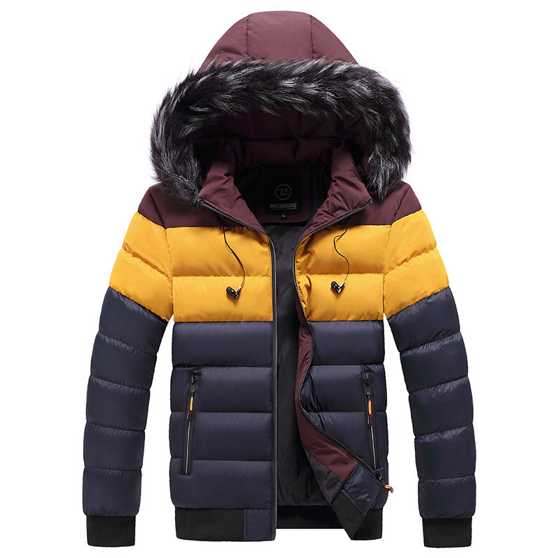 Men's colour-block puffer jacket with fur-trim hood and front zip