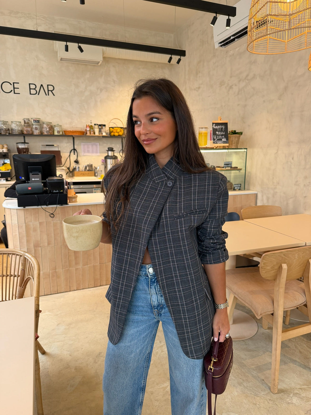 Women's grey checked asymmetric blazer with long sleeves