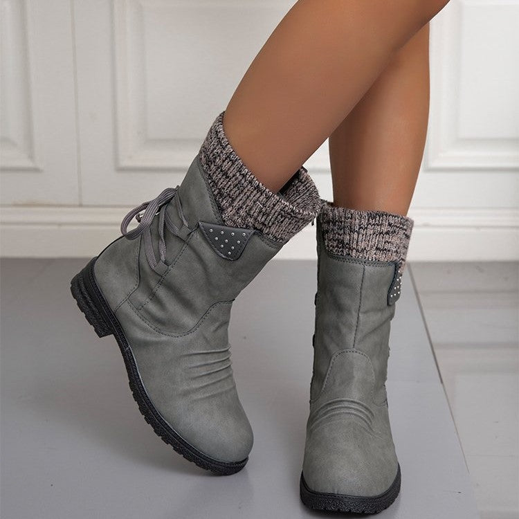 Women's mid-calf boots with side zips, lace-up detail, knitted cuffs and low heels