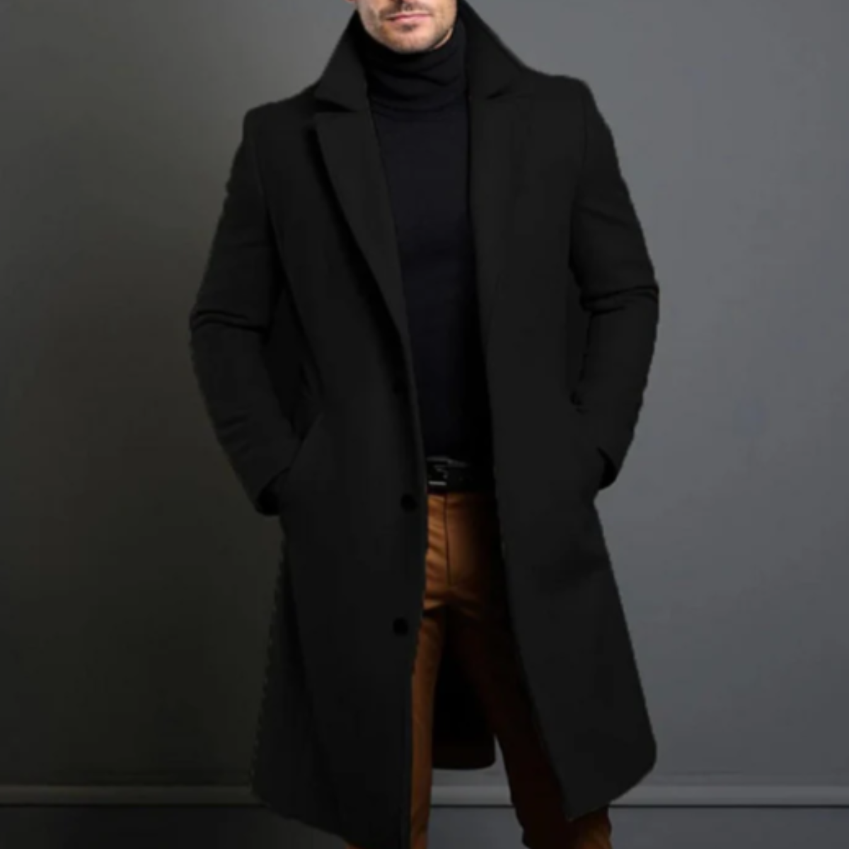 Men's long button overcoat with notched lapels and side pockets