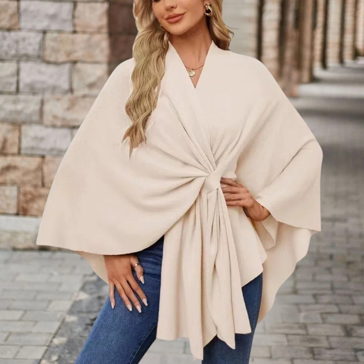Women's batwing draped cape coat with tie waist and V-neckline