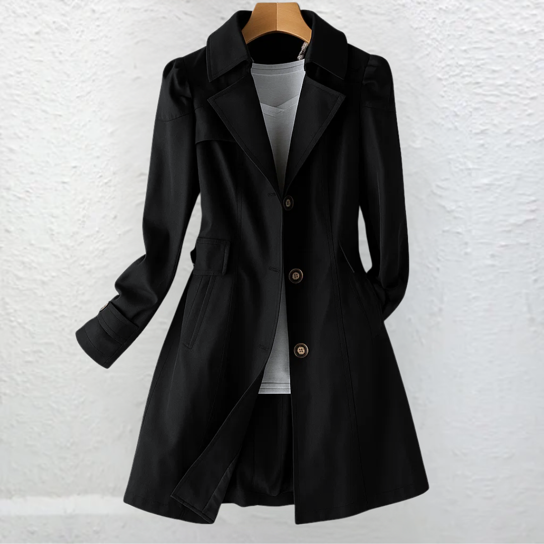 Women's tailored knee-length trench coat with notched lapels and button fastening