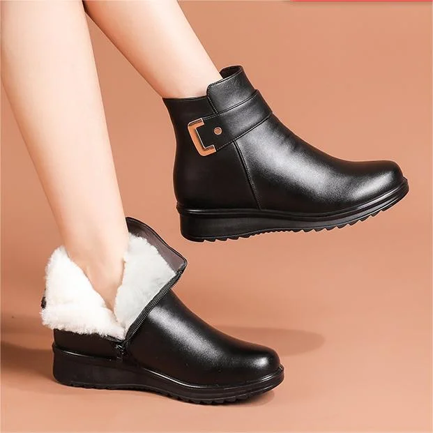 Women's ankle boots with plush collars, buckle straps and textured soles