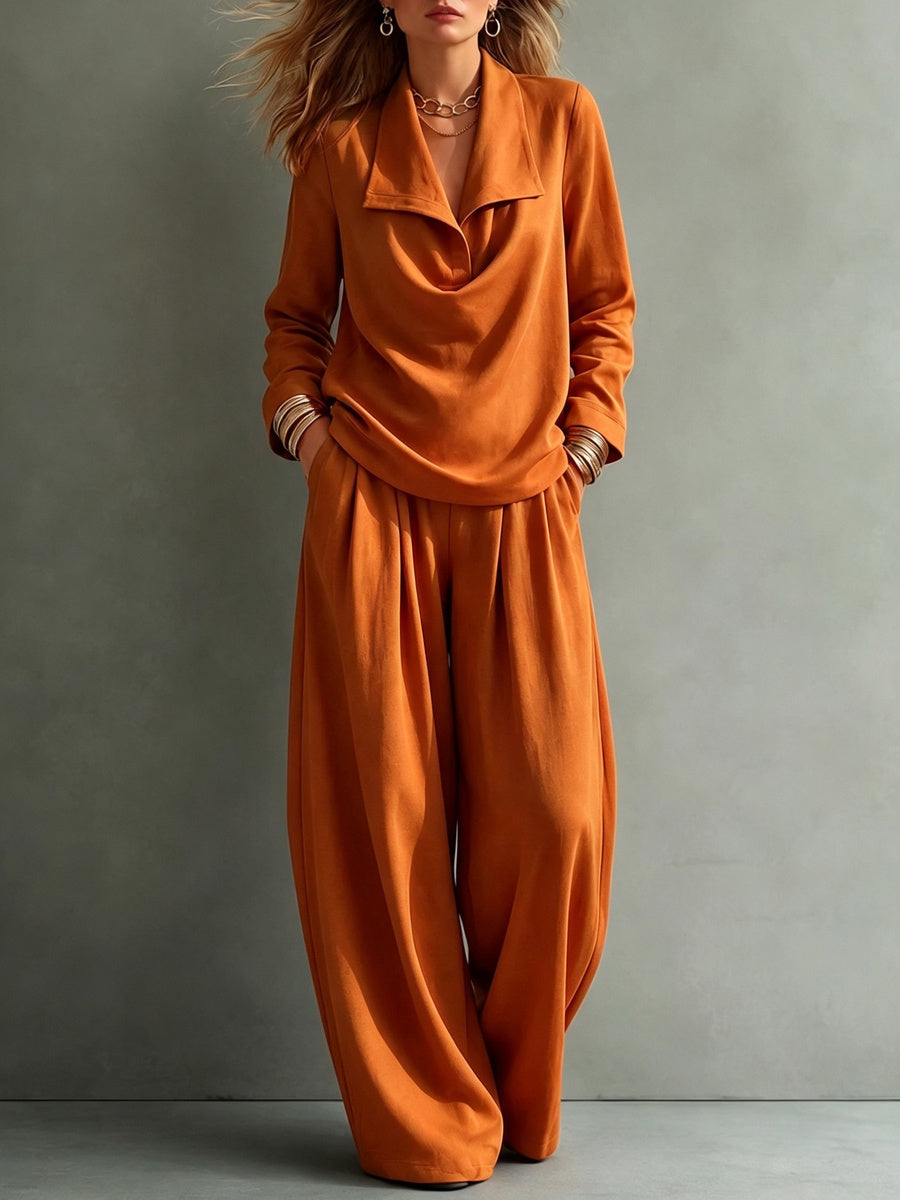 Women's lapel two-piece outfit with long-sleeve top and wide-leg trousers